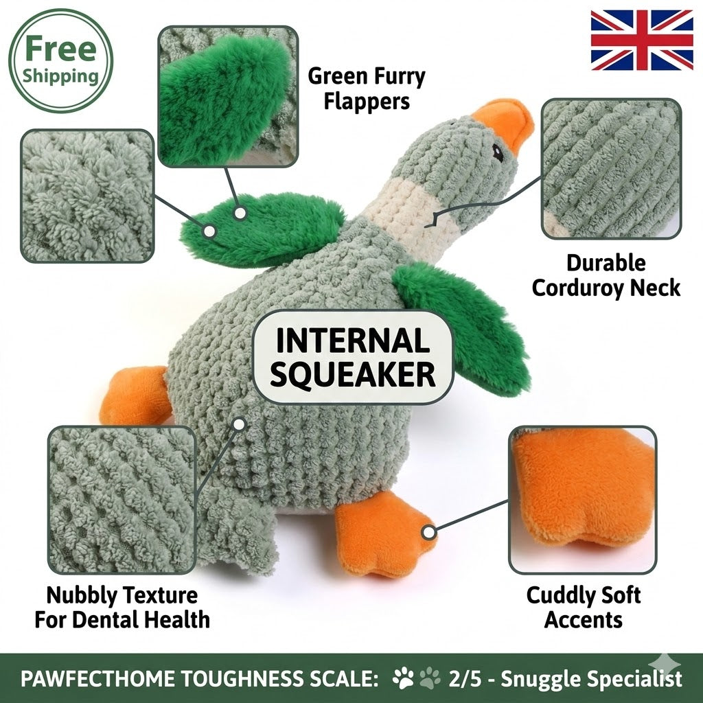 Dog toy with green furry flappers and durable corduroy neck, featuring text on its features.