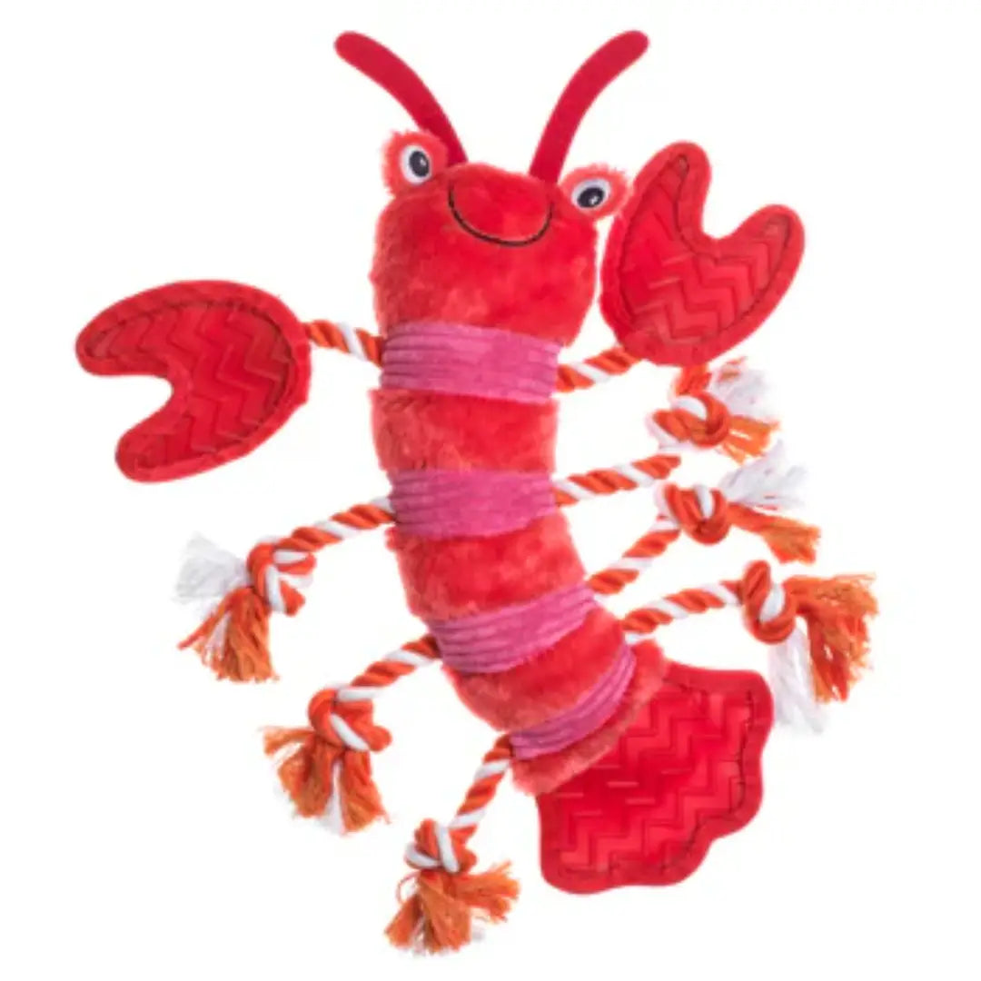Large orange and blue House of Paws Under the Sea Lobster dog toy featuring knotted rope legs, plush body, and blue textured TPR rubber claws on a white background.