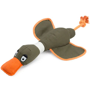 A duck-shaped dog toy with a green body, orange beak and tail, and a white neck. The toy has details such as wings and a rope attached to the tail.