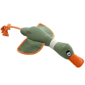A duck-shaped dog toy with a green body, orange beak and tail, and a white neck. The toy has details such as wings and a rope attached to the tail.