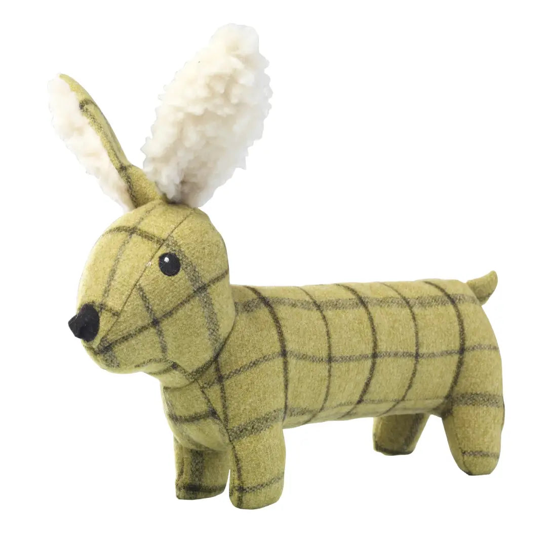 Extra-long green tweed House of Paws Hare dog toy with a plush body, faux sheepskin ears and tail, and long floppy limbs on a white background.