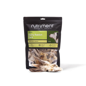 Package of Nutriment Hairy Rabbit Ears dog treats on a white background