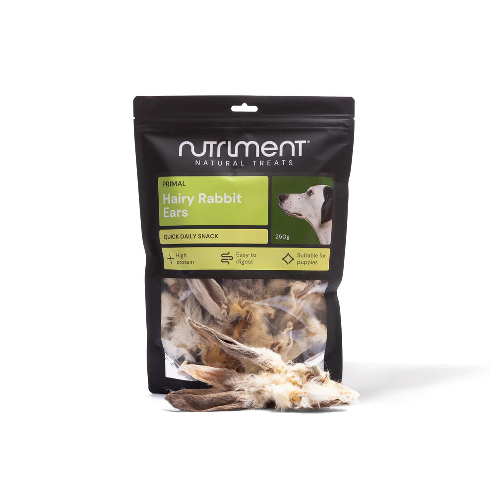 Package of Nutriment Hairy Rabbit Ears dog treats on a white background