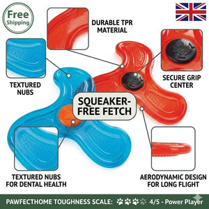 Dog toy with features highlighted, including durable material, textured nubs, and aerodynamic design.