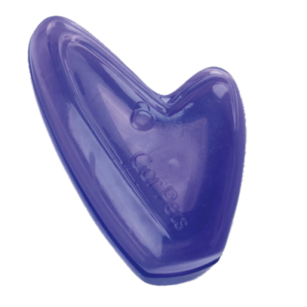 Gor Flex Gizmo dog toy in purple TPR rubber showing the treat-dispensing groove and durable textured surface.