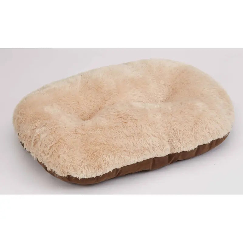 Nordic Oval Pet Cushion showing the plush grey faux fur side and the smooth suedette reverse side.