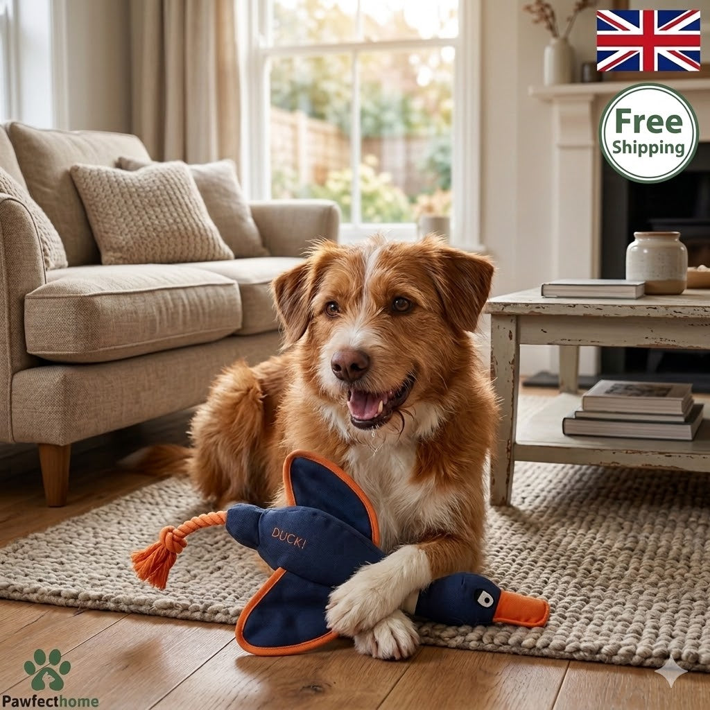 Dog playing with a toy in a cozy living room with free shipping icon and Pawfecthome logo.
