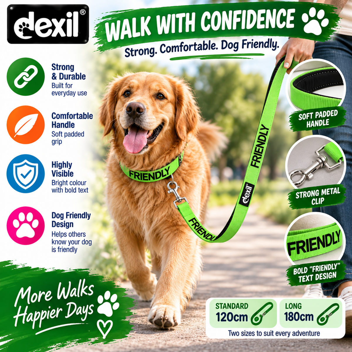 Embroidered 'Friendly' Green Dog Lead