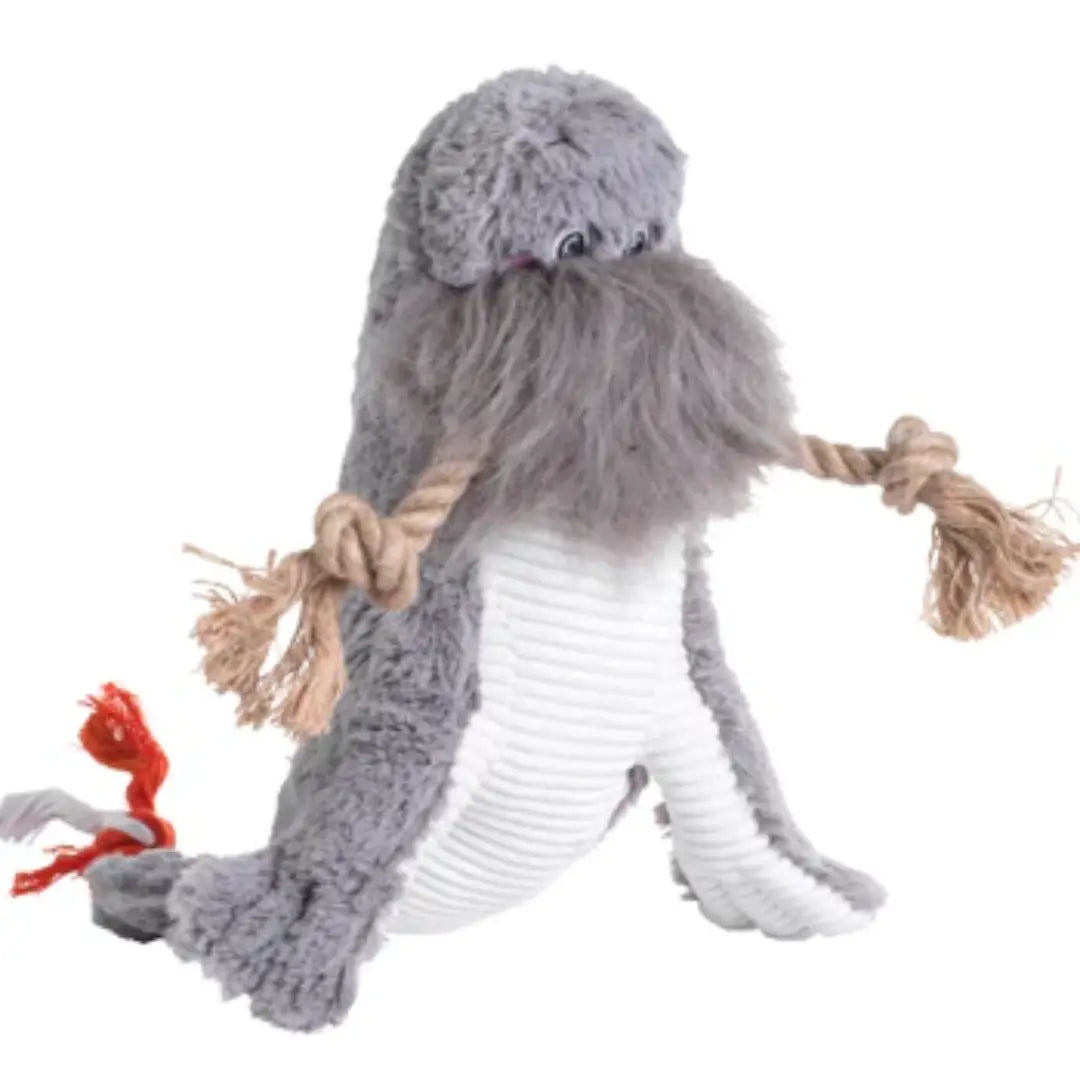House of Paws Under the Sea Walrus dog toy featuring a blue plush body, ribbed grey belly, and knotted white rope tusks on a white background.