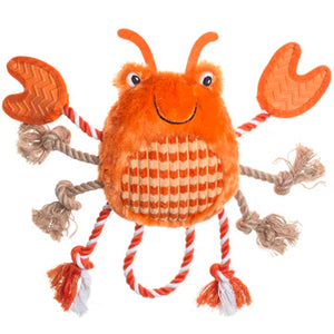 Vibrant orange and blue House of Paws Under the Sea Crab dog toy featuring rope legs, a plush body, and textured TPR rubber claws on a white background.