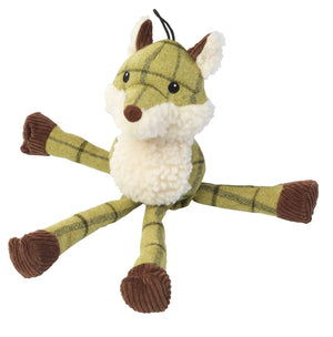 A plush dog toy resembling a fox with long legs, made of tweed and faux sheepskin with a squeaker inside.