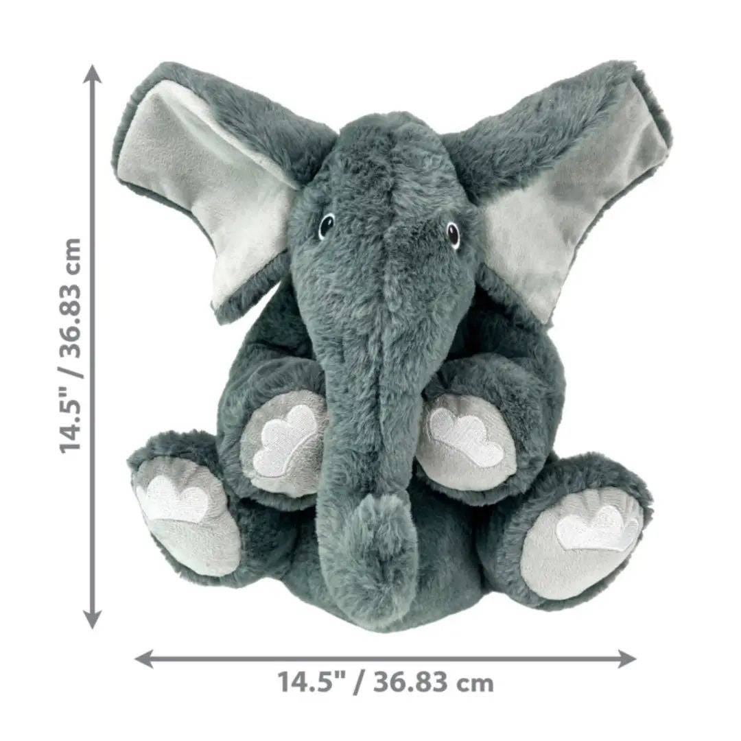 Gray plush elephant toy with heart patterns on a white background, showing dimensions.