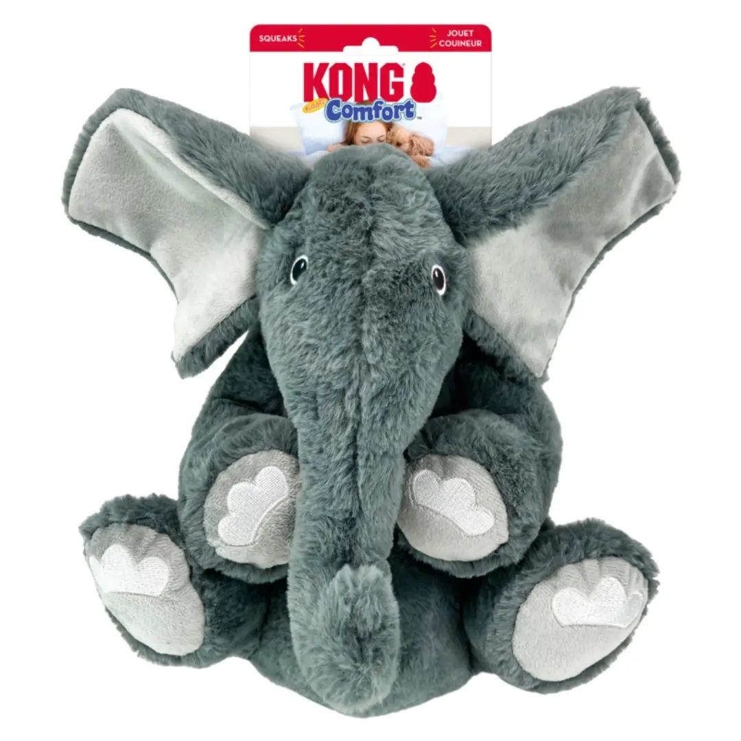 Gray elephant-shaped plush toy with KONG branding on a white background