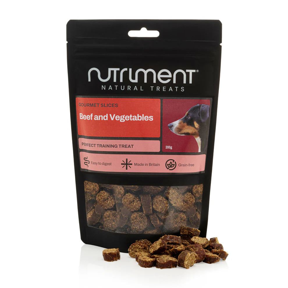 Nutriment natural treats package with beef and vegetables flavor on a white background
