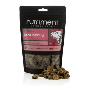 Nutriment Black Pudding dog treats packaging with treats spilling out on a white background