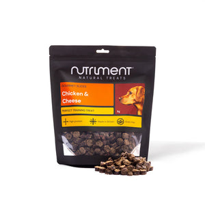 Package of Nutriment Chicken & Cheese dog treats on a white background