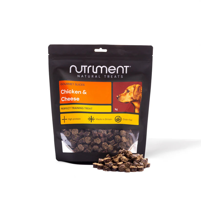 Package of Nutriment Chicken & Cheese dog treats on a white background