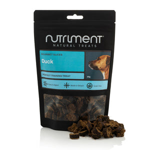 Nutriment natural treats packaging with duck slices on a white background