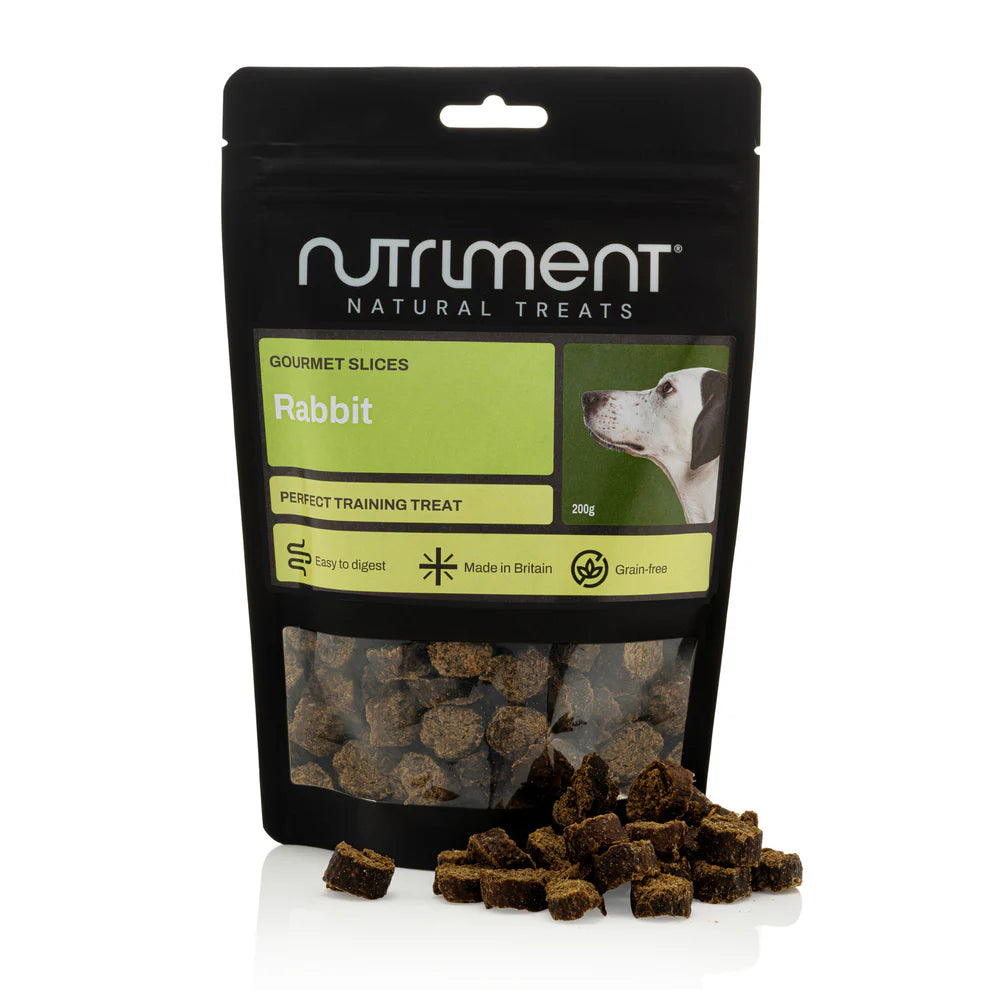 Nutriment natural treats packaging with rabbit slices on a white background