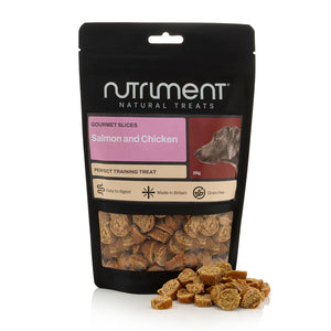 Nutriment natural treats packaging with salmon and chicken flavor on a white background