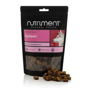 Nutriment Venison dog treat package with treats on a white background