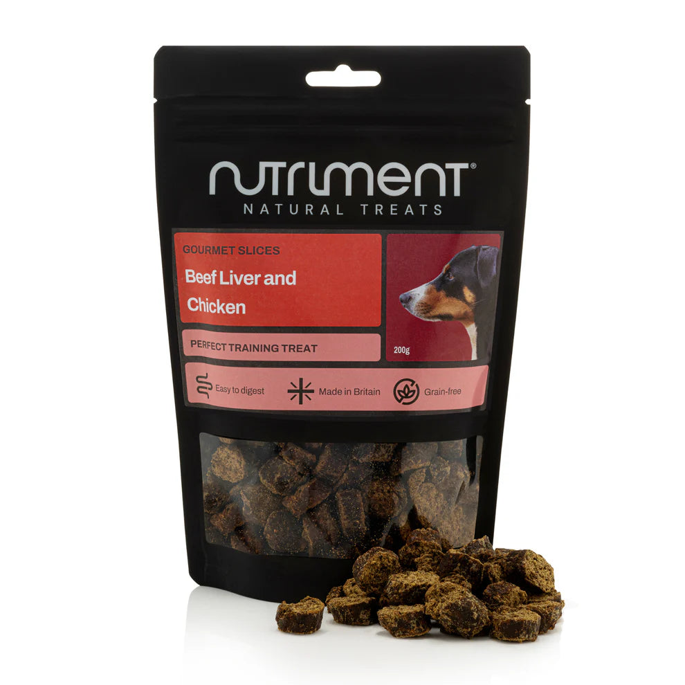 Nutriment natural treats package with beef liver and chicken flavor on a white background