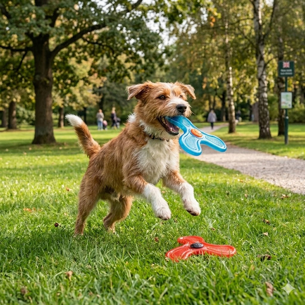 Dog playing with a blue and red toy in a park