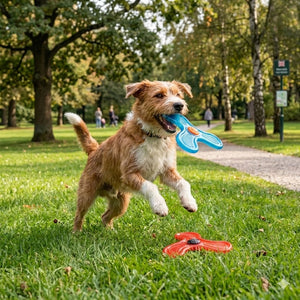 Dog playing with a blue and red toy in a park