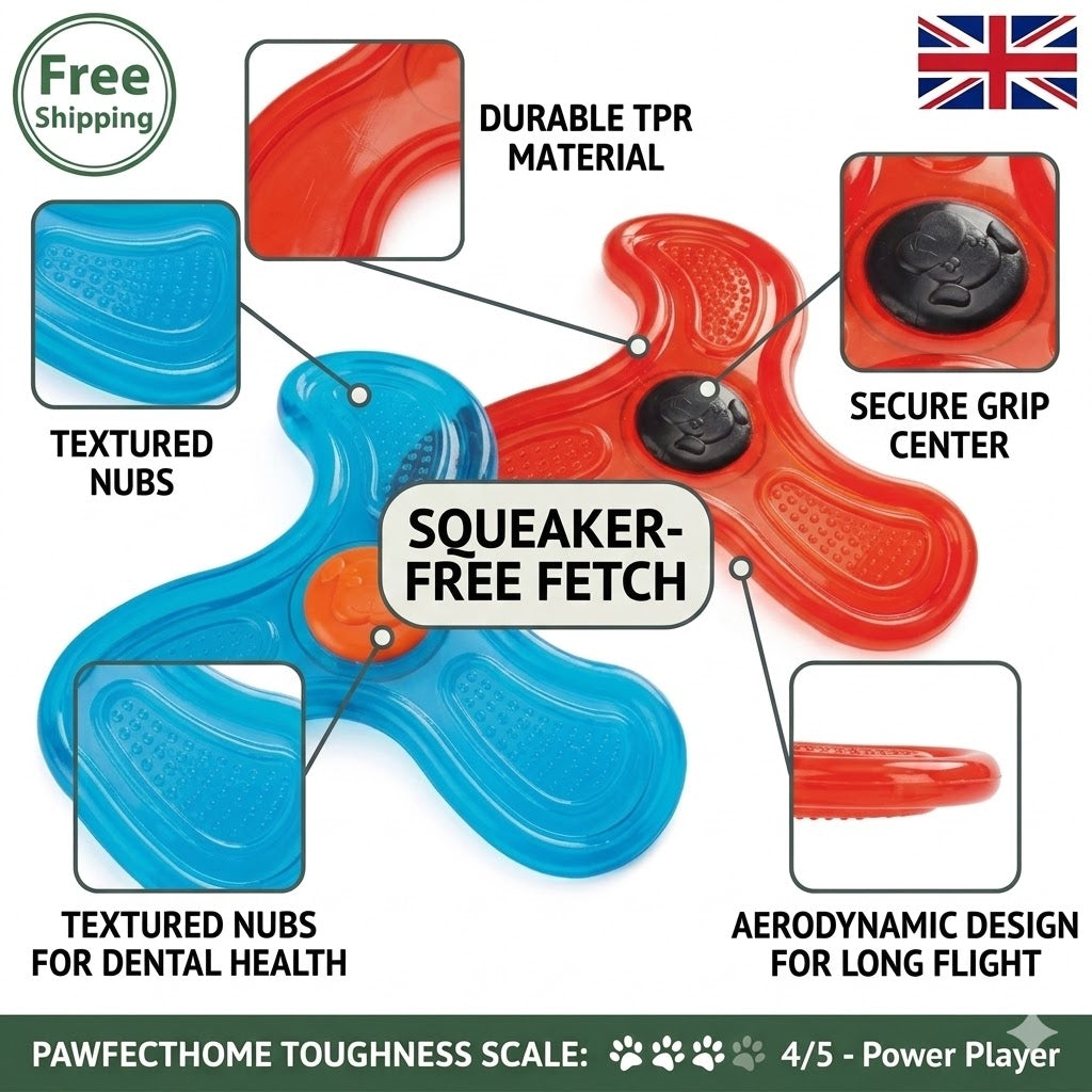 Dog toy with features highlighted, including durable material, textured nubs, and aerodynamic design.