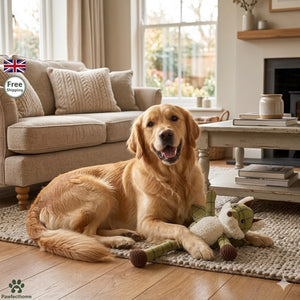 Dog lying on a rug in a cozy living room with a couch and fireplace.